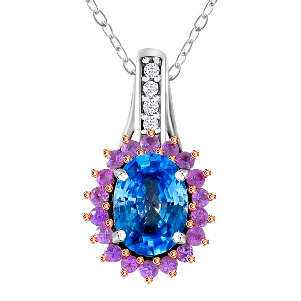 Cambodian Blue Zircon With Halo Of Pink Sapphires Pendant Necklace Platinum O/Ss